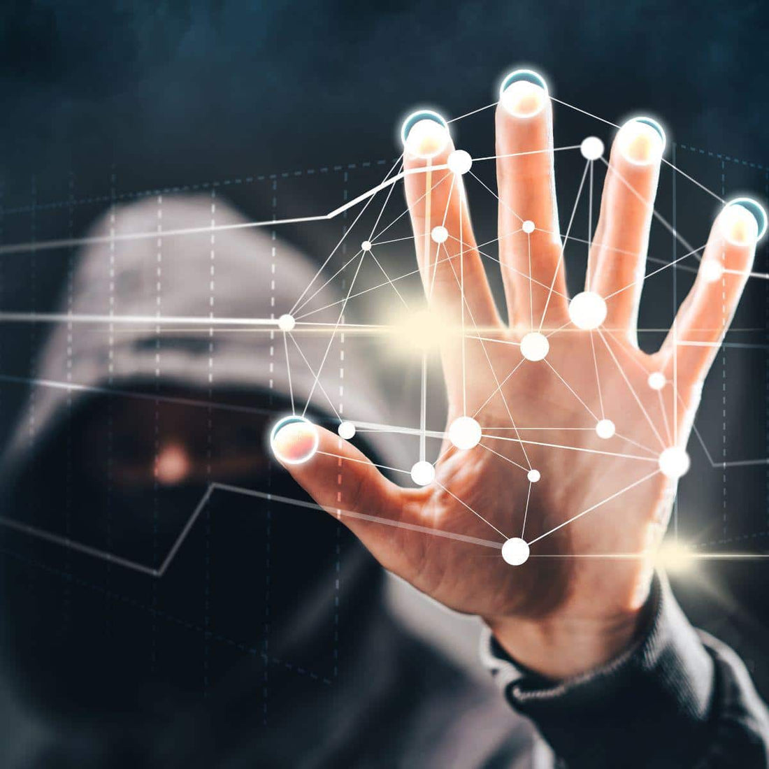 A hand with a network of dots, resembling a van immobiliser tracker.