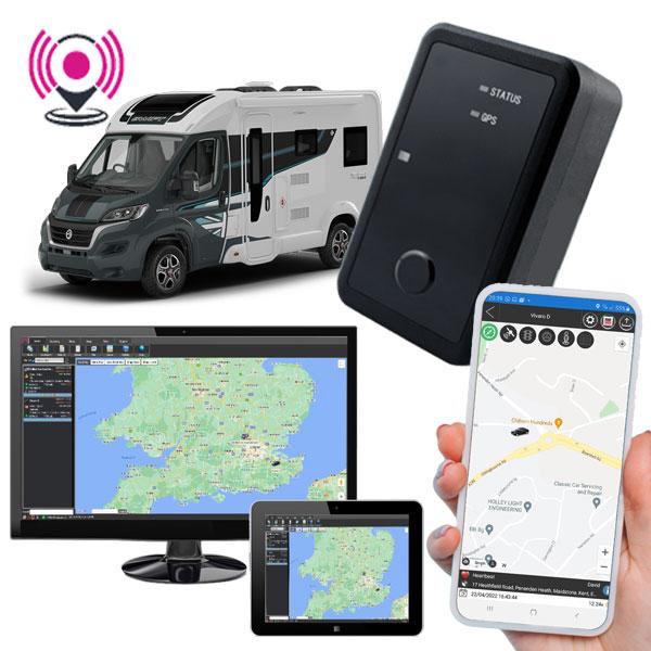 A person holding a phone and a tablet with a GPS device and a motorhome tracker.